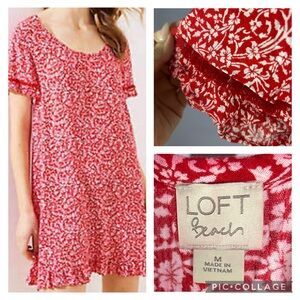 LOFT Beach Cover up Dress Red White Gauzy Fringe Accent Size Medium